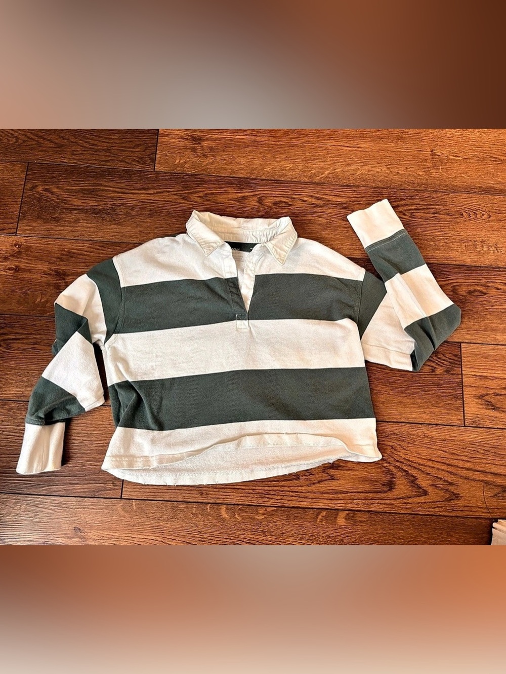 Aerie Cropped Striped Rugby Polo Shirt Green & Cream